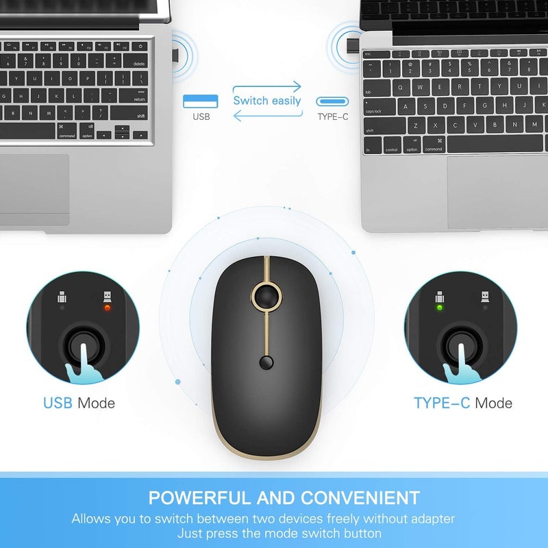 VssoPlor فأرة لاسلكية من نوع Type C، قابلة لإعادة الشحن عبر USB C، محمولة وهادئة للكمبيوتر المحمول، مع مستقبل USB وType C، فأرة ثنائية الوضع لأجهزة الكمبيوتر واللابتوب وماك بوك والتابلت - أسود ذهبي - Image 3