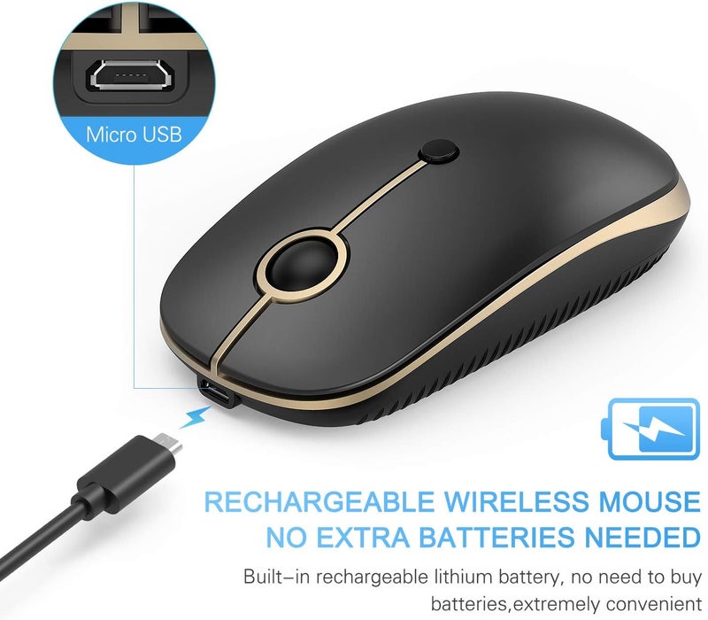 VssoPlor فأرة لاسلكية من نوع Type C، قابلة لإعادة الشحن عبر USB C، محمولة وهادئة للكمبيوتر المحمول، مع مستقبل USB وType C، فأرة ثنائية الوضع لأجهزة الكمبيوتر واللابتوب وماك بوك والتابلت - أسود ذهبي - Image 2