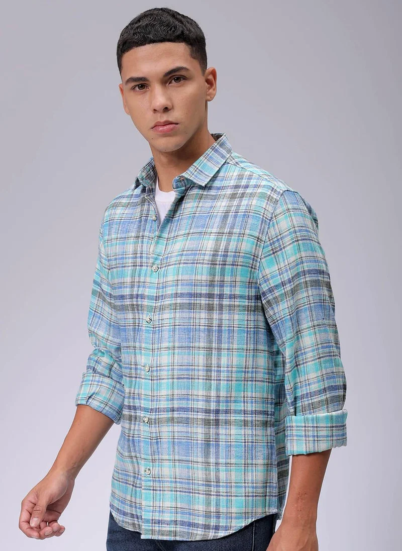 The Indian Garage Co Men Slim Fit Checkered Full Sleeves Cutaway Collar Casual Shirt