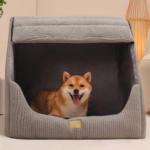 YISLEND Large Dog House Indoor, Soft Plush Dog Cave Bed Covered Dogs Bed with Fluffy Washable Cushion, Portable Dog/Cat Pet Tent House for Small Medium Dogs (Grey, Large) - Image 3