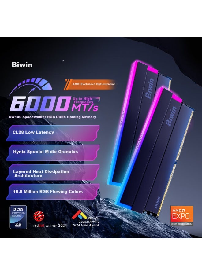Biwin 48g Kit Ddr5 6000mhz Desktop Memory Module Time Traveler Dw100 Rgb Light Bar Black Ai Pc Computer Accessories - Image 1