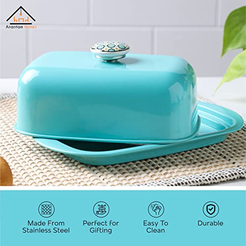 Anantam Homes Butter Dish Storage Box Organizer Container With Ceramic Knob Design Beautiful Lid Stainless Steel Butter Box Dispenser Holder Keeps Your Butter Soft Enhances Your Kitchen Décor, Aqua (500 Gram) - Image 5