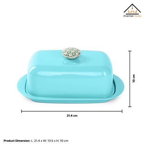 Anantam Homes Butter Dish Storage Box Organizer Container With Ceramic Knob Design Beautiful Lid Stainless Steel Butter Box Dispenser Holder Keeps Your Butter Soft Enhances Your Kitchen Décor, Aqua (500 Gram) - Image 2