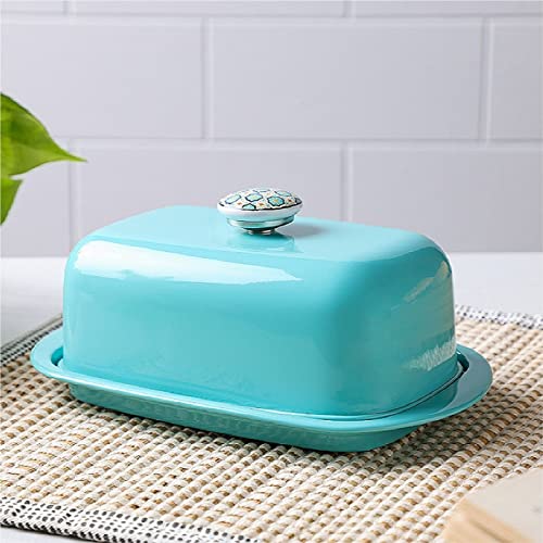 Anantam Homes Butter Dish Storage Box Organizer Container With Ceramic Knob Design Beautiful Lid Stainless Steel Butter Box Dispenser Holder Keeps Your Butter Soft Enhances Your Kitchen Décor, Aqua (500 Gram) - Image 1