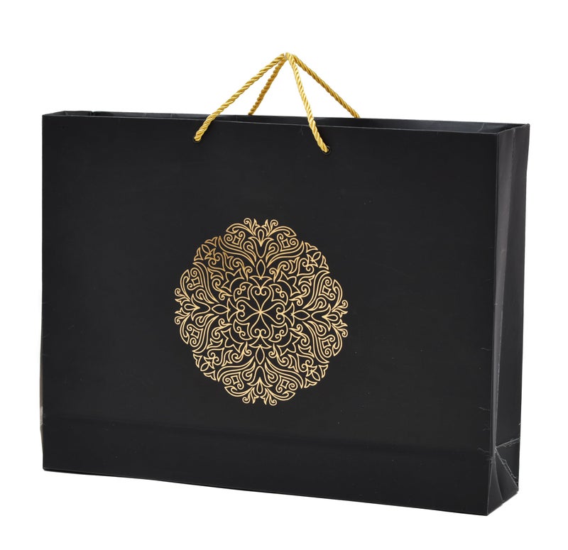 PPJ ® - ROUND MOTIF BLACK (GOLDEN FOIL PRINTED) PAPER CARRY BAG, 17 Inch X 13 Inch X 4 Inch for DIWALI/WEDDING/BIRTHDAY/CHRISTMAS, Pack of 10 - Image 1