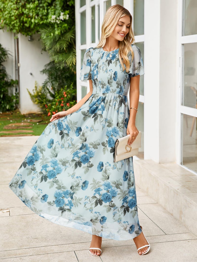 Simplee Apparel Simplee Womens Floral Maxi Wedding Guest Dress Bohemian Short Sleeve Loose Sundress Lightweight Flowy Prom Vacation Dress(Floral Light Blue XL) - Image 2