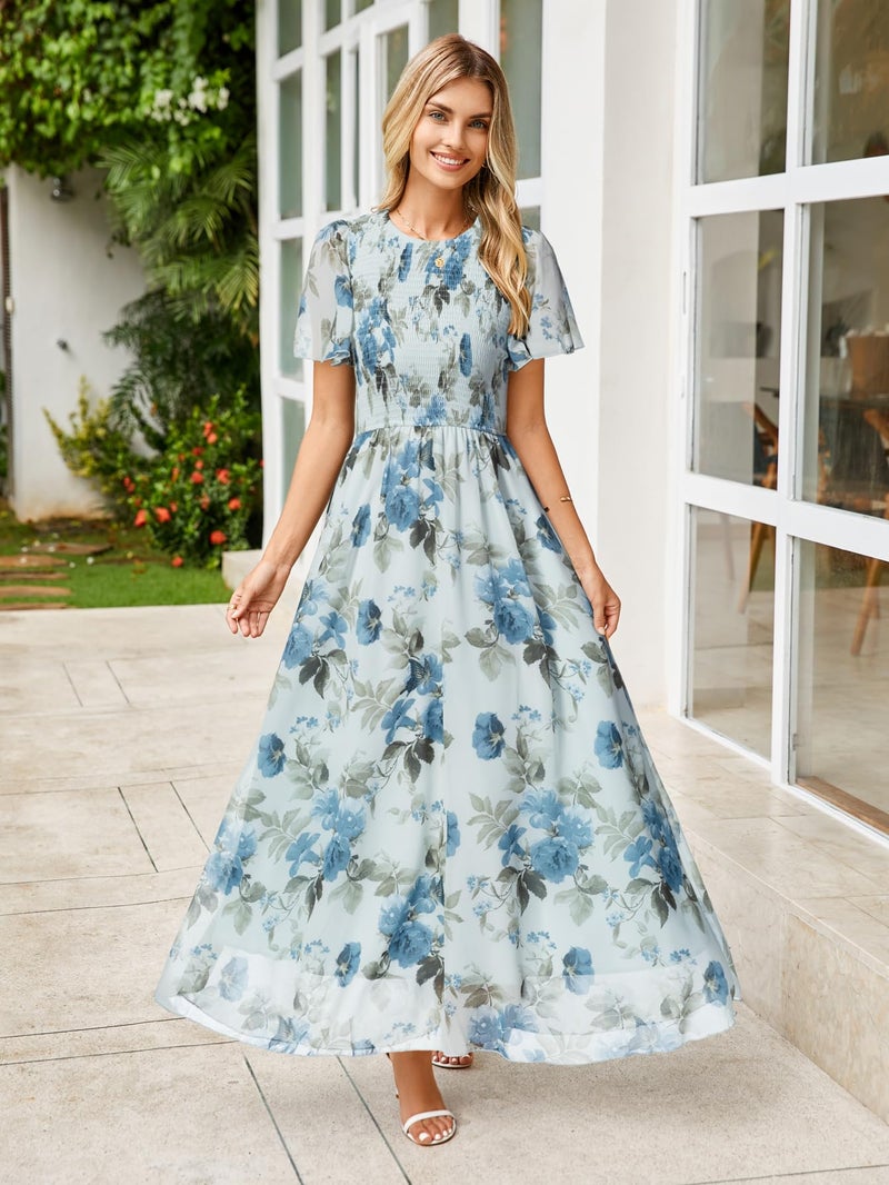 Simplee Apparel Simplee Womens Floral Maxi Wedding Guest Dress Bohemian Short Sleeve Loose Sundress Lightweight Flowy Prom Vacation Dress(Floral Light Blue XL) - Image 5