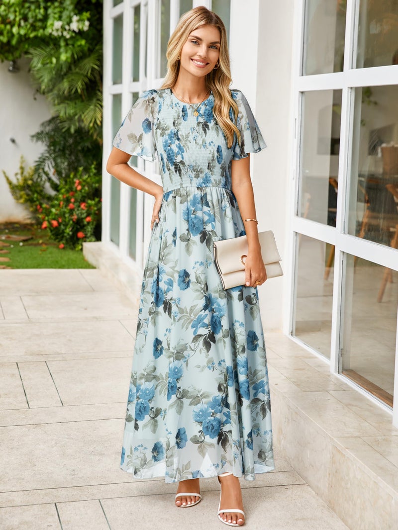 Simplee Apparel Simplee Womens Floral Maxi Wedding Guest Dress Bohemian Short Sleeve Loose Sundress Lightweight Flowy Prom Vacation Dress(Floral Light Blue XL) - Image 3
