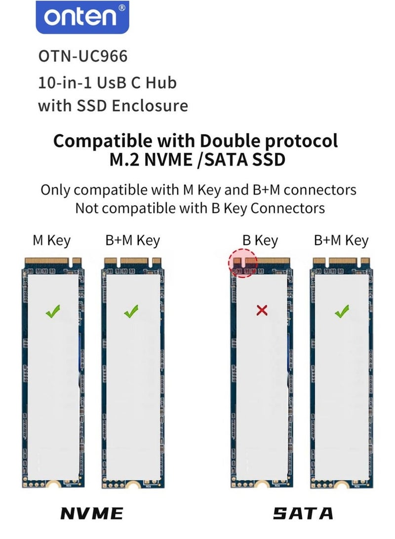 أونتن موزع ONTEN OTN-UC966 بمنفذ USB-C مع حاوية لمحركات أقراص M.2 SSD؛ محطة إرساء (Docking Station) متعددة الوظائف تتضمن منفذ HDMI بدقة 4K، ومنفذ Gigabit Ethernet، ومنافذ USB، وقارئ بطاقات SD/TF، ​​ومخرج صوت، وتقنية توصيل الطاقة (Power Delivery) بقدرة 100 واط؛ تدعم محركات أقراص SSD من نوعي SATA وNVMe، وتُعد مثالية لأجهزة الكمبيوتر المحمول والأجهزة اللوحية ومحطات العمل المتنقلة وإعدادات العمل الاحترافية ولصنّاع المحتوى. - Image 4