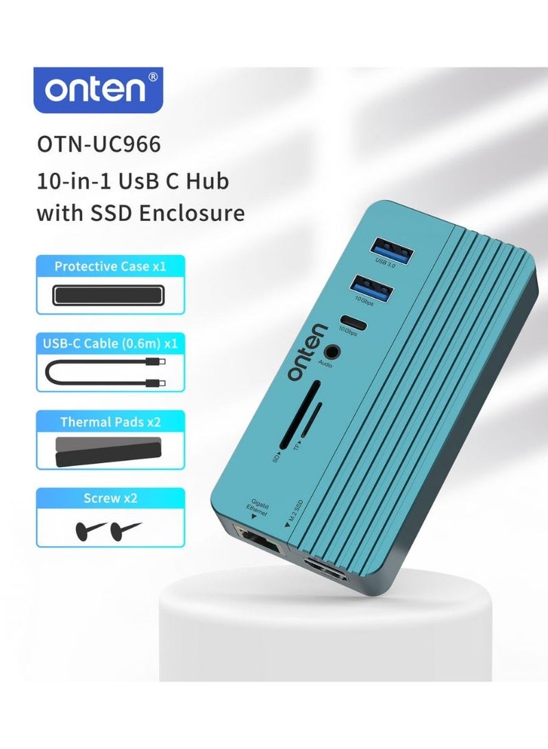 أونتن موزع ONTEN OTN-UC966 بمنفذ USB-C مع حاوية لمحركات أقراص M.2 SSD؛ محطة إرساء (Docking Station) متعددة الوظائف تتضمن منفذ HDMI بدقة 4K، ومنفذ Gigabit Ethernet، ومنافذ USB، وقارئ بطاقات SD/TF، ​​ومخرج صوت، وتقنية توصيل الطاقة (Power Delivery) بقدرة 100 واط؛ تدعم محركات أقراص SSD من نوعي SATA وNVMe، وتُعد مثالية لأجهزة الكمبيوتر المحمول والأجهزة اللوحية ومحطات العمل المتنقلة وإعدادات العمل الاحترافية ولصنّاع المحتوى. - Image 1