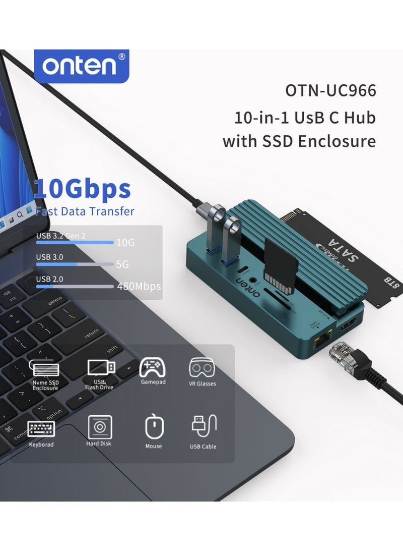 أونتن موزع ONTEN OTN-UC966 بمنفذ USB-C مع حاوية لمحركات أقراص M.2 SSD؛ محطة إرساء (Docking Station) متعددة الوظائف تتضمن منفذ HDMI بدقة 4K، ومنفذ Gigabit Ethernet، ومنافذ USB، وقارئ بطاقات SD/TF، ​​ومخرج صوت، وتقنية توصيل الطاقة (Power Delivery) بقدرة 100 واط؛ تدعم محركات أقراص SSD من نوعي SATA وNVMe، وتُعد مثالية لأجهزة الكمبيوتر المحمول والأجهزة اللوحية ومحطات العمل المتنقلة وإعدادات العمل الاحترافية ولصنّاع المحتوى. - Image 3
