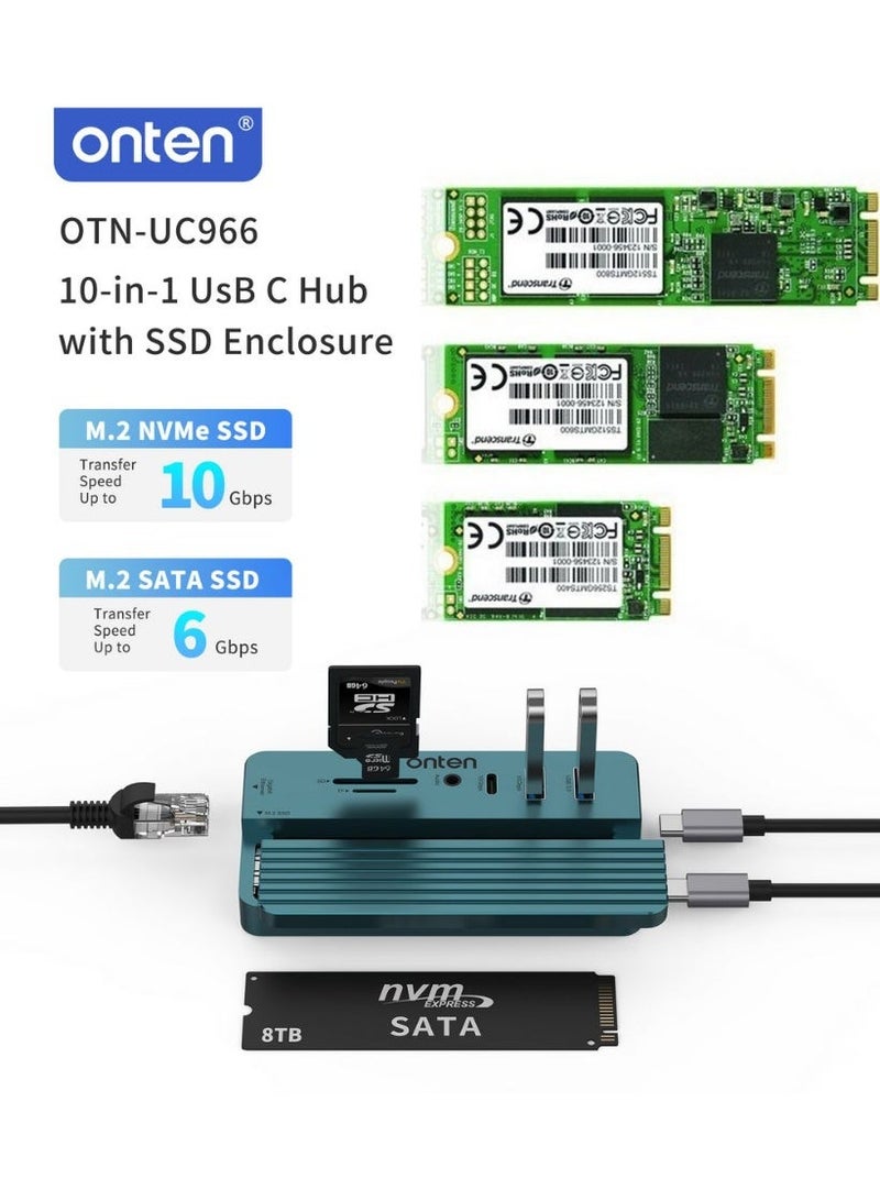 أونتن موزع ONTEN OTN-UC966 بمنفذ USB-C مع حاوية لمحركات أقراص M.2 SSD؛ محطة إرساء (Docking Station) متعددة الوظائف تتضمن منفذ HDMI بدقة 4K، ومنفذ Gigabit Ethernet، ومنافذ USB، وقارئ بطاقات SD/TF، ​​ومخرج صوت، وتقنية توصيل الطاقة (Power Delivery) بقدرة 100 واط؛ تدعم محركات أقراص SSD من نوعي SATA وNVMe، وتُعد مثالية لأجهزة الكمبيوتر المحمول والأجهزة اللوحية ومحطات العمل المتنقلة وإعدادات العمل الاحترافية ولصنّاع المحتوى. - Image 2