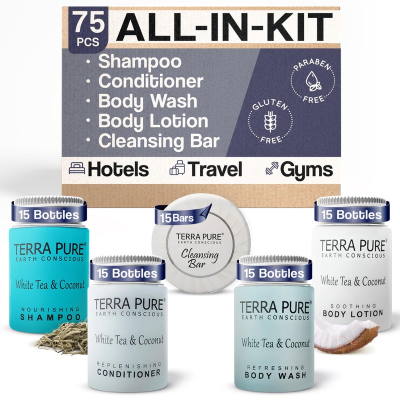 Terra Pure Terra Pure White Tea  Coconut Toiletries Set  1Shoppe Amenities Kit  1oz Liquids 125oz Bar Soap  Hotels Airbnb  Rentals  75 Pieces