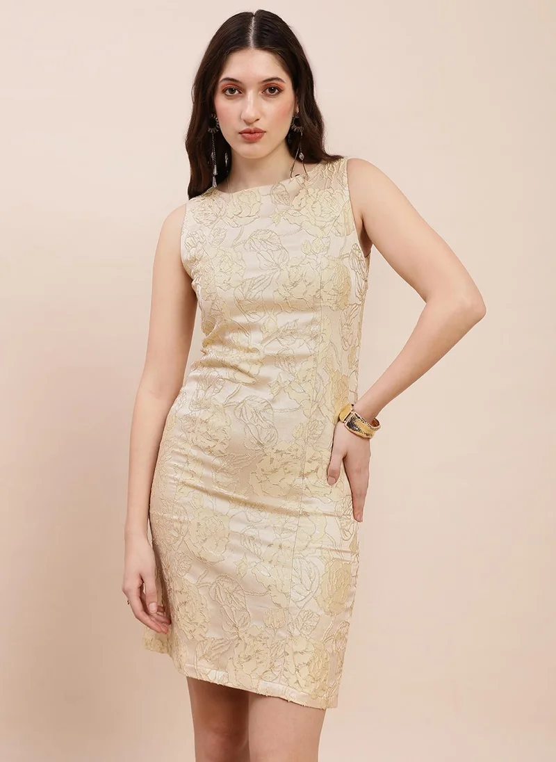 جلو باص Globus Women Gold Floral Self-Design Boat Neck SleevelessMini Party Bodcon Dress
