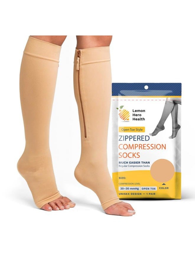 Lemon Hero Zippered Medical Compression Socks 20-30mmHg with Zipper Safe Protection & Open Toe Support Stockings for Men and Women (Medium, Beige) - Image 1