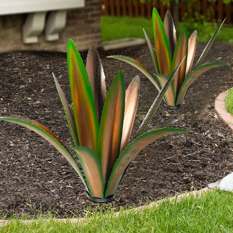 TOMBABY Enlarge Thickened Wind Resistant Metal Agave Garden Art Metal Plant Country Garden Sculpture Statue Outdoor Decoration Agave Metal Plant Courtyard Lawn Ornament Gift 2 12 Leaves Green
