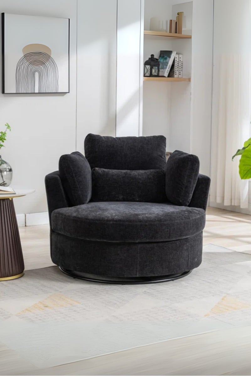 KUSTOMDECO Modern Round 360° Swivel Single Sofa Chair – Fabric Oversize Sofa Accent Armchair with Cushions for Living Room & Bedroom Furniture Black - Image 1