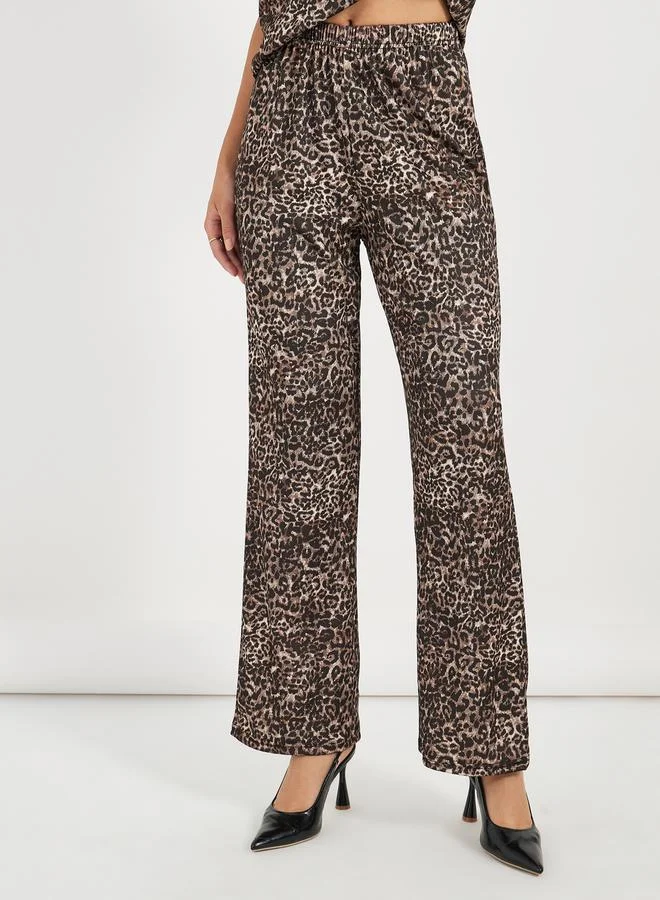 Styli Leopard Print High Neck Top & Straight Pants Co-Ords