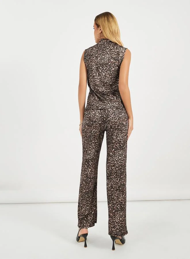 Styli Leopard Print High Neck Top & Straight Pants Co-Ords