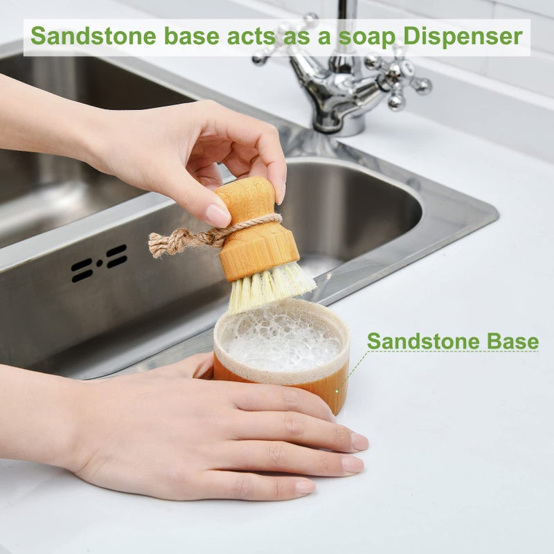 SUBEKYU Bamboo Dish Brush Set with Soap Holder, Wooden Dish Scrubber with Soap Dispenser, Natural Kitchen Scrub Brush, Washing Pot/Pans/Cast Iron, 2 Pack, Sisal Bristles - Image 4