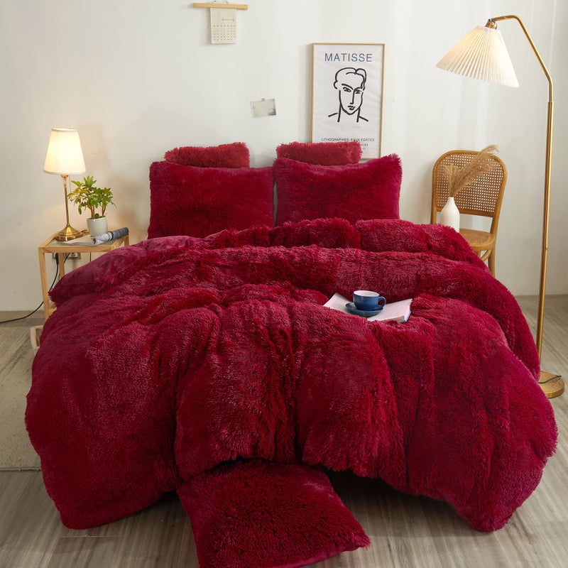 XeGe Plush Shaggy Duvet Cover Set Luxury Soft Crystal Velvet Fluffy Furry Bedding Sets 2 Pieces1 Faux Fur Fuzzy Comforter Cover  1 Faux Fur Throw Pillow Sham Zipper Closure Twin Red