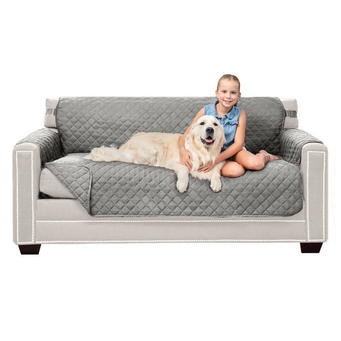 COUCH SLIP COVER WITH PATENTED STRAP CUSHION PROTECTOR REVERSIBLE STAIN AND DOG TEAR RESISTANT SLIPCOVER QUILTED MICROFIBER 62IN SEAT WASHABLE COVERS FOR DOGS PETS KIDS LIGHT GRAY