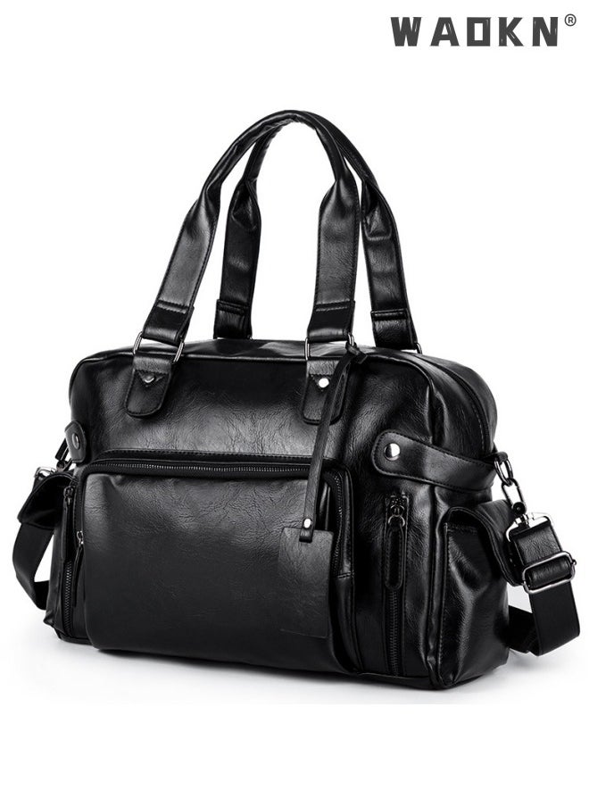 WAOKN - Leather Travel Bag Large Duffle Independent Big Fitness Bags Handbag Bag Luggage Shoulder Bag Brown Men Fashion Zipper Bag Carry On Travel Duffel Bags with Shoulder Strap Luggage Shoulder Bag Black - Image 1