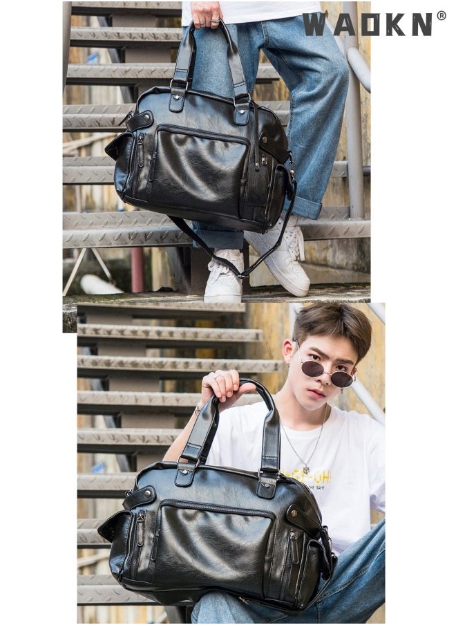 WAOKN - Leather Travel Bag Large Duffle Independent Big Fitness Bags Handbag Bag Luggage Shoulder Bag Brown Men Fashion Zipper Bag Carry On Travel Duffel Bags with Shoulder Strap Luggage Shoulder Bag Black - Image 1