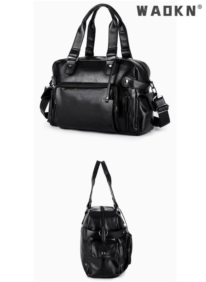 WAOKN - Leather Travel Bag Large Duffle Independent Big Fitness Bags Handbag Bag Luggage Shoulder Bag Brown Men Fashion Zipper Bag Carry On Travel Duffel Bags with Shoulder Strap Luggage Shoulder Bag Black - Image 1