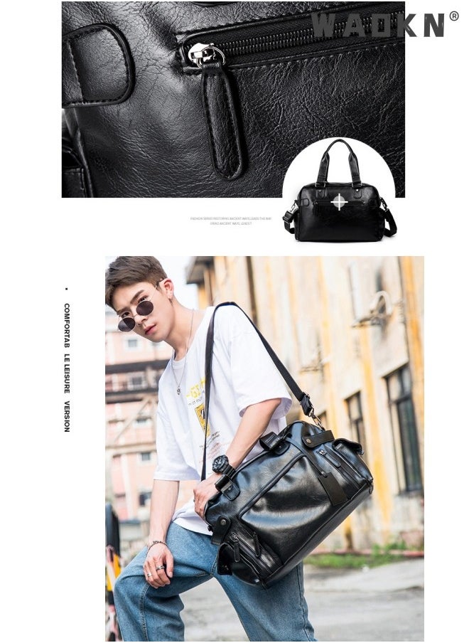WAOKN - Leather Travel Bag Large Duffle Independent Big Fitness Bags Handbag Bag Luggage Shoulder Bag Brown Men Fashion Zipper Bag Carry On Travel Duffel Bags with Shoulder Strap Luggage Shoulder Bag Black - Image 1