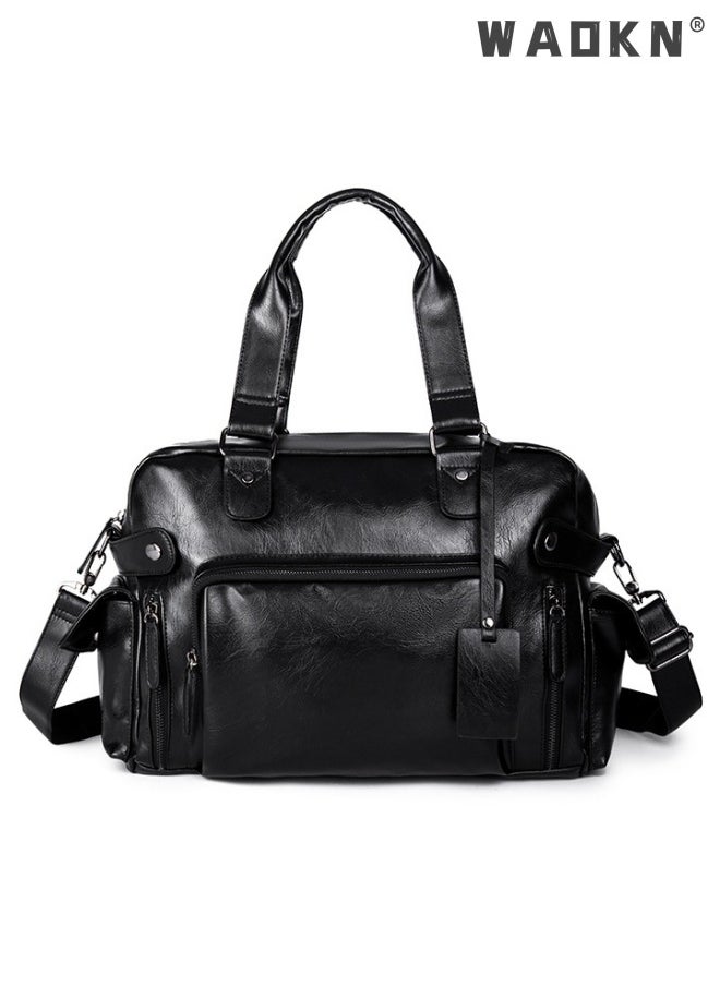 WAOKN - Leather Travel Bag Large Duffle Independent Big Fitness Bags Handbag Bag Luggage Shoulder Bag Brown Men Fashion Zipper Bag Carry On Travel Duffel Bags with Shoulder Strap Luggage Shoulder Bag Black - Image 1