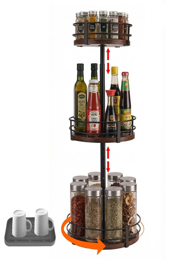 MLLNFUE 3-Tier Adjustable Lazy Susan Spice Rack Organizer, 360° Rotating Countertop Turntable with Wooden Shelves, Metal Frame & Silicone Drip Tray for Kitchen, Bathroom & Office - Image 1