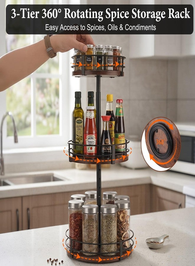 MLLNFUE 3-Tier Adjustable Lazy Susan Spice Rack Organizer, 360° Rotating Countertop Turntable with Wooden Shelves, Metal Frame & Silicone Drip Tray for Kitchen, Bathroom & Office - Image 4