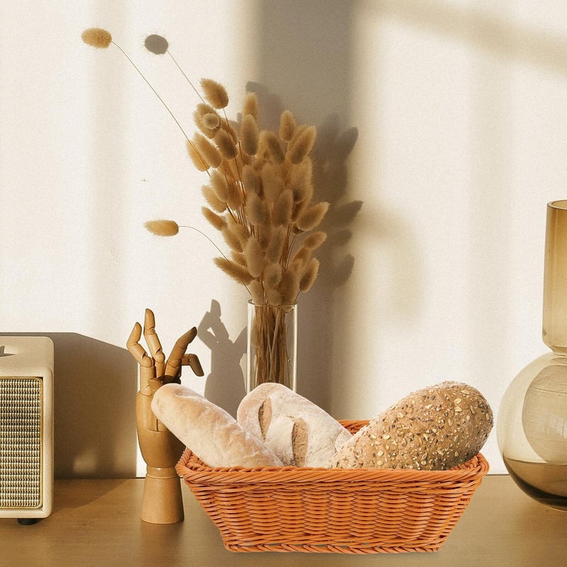 Woven Bread Basket Multifunctional Plastic Rattan Storage Kitchen 30x20x10cm Tea Color - Image 5