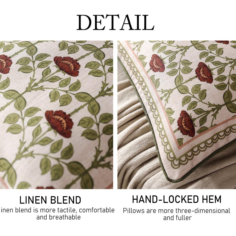ISAENNE Design Linen Square Throw Pillow Covers 18"x18" Pack of 2, Yellow Green French Cushion Covers with Red Rose Floral Pattern Decoration Pillowcases for Bed, Living Room, Outdoor, Car - Image 4