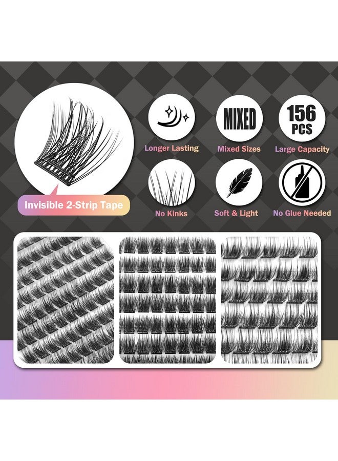 WONSIS Self Adhesive Eyelashes, 156 Pcs Self Adhesive Eyelash Clusters, No Glue Needed, Invisible 2-Strip Tape - Longer Lasting, No Sticky Residue Pre Glued Eyelashes (Volume-Mixed) - Image 4