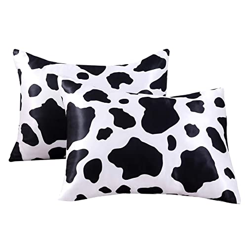 URLINENS Satin Pillowcase for Hair and Skin Cow Print Silk Satin Pillowcase 2 Pack Standard Size Pillow Cases Set of 2 Cooling Silky Pillow Cover with Envelope Closure (20x26 inches, Cow) - Image 1