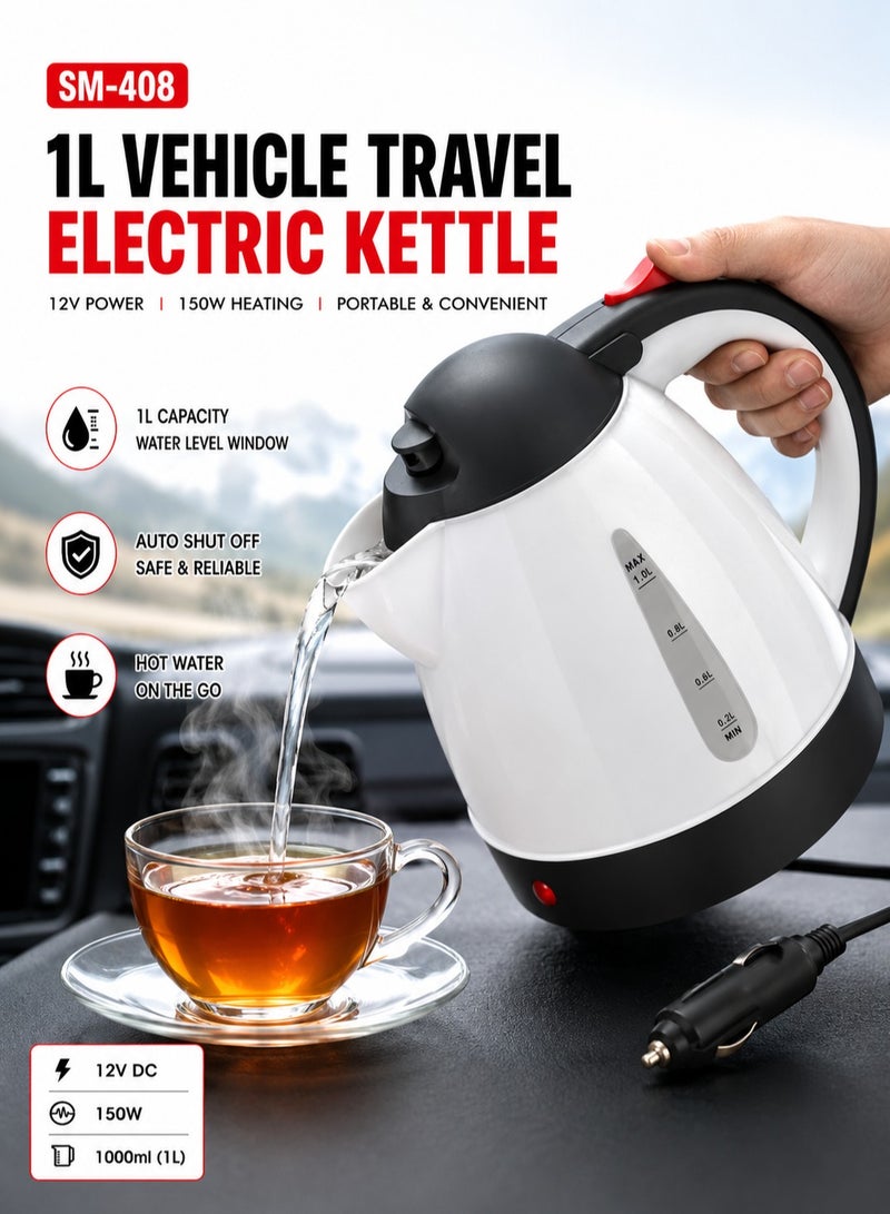 SM-408 1L Vehicle Travel Electric Kettle 12V 150W Portable Car Water Boiler Auto Shut Off Quick Heating Travel Tea Coffee Maker Hot Water Jug Stainless Steel Inner Tank Water Level Window Road Trip Camping Caravan Truck Use - Image 1