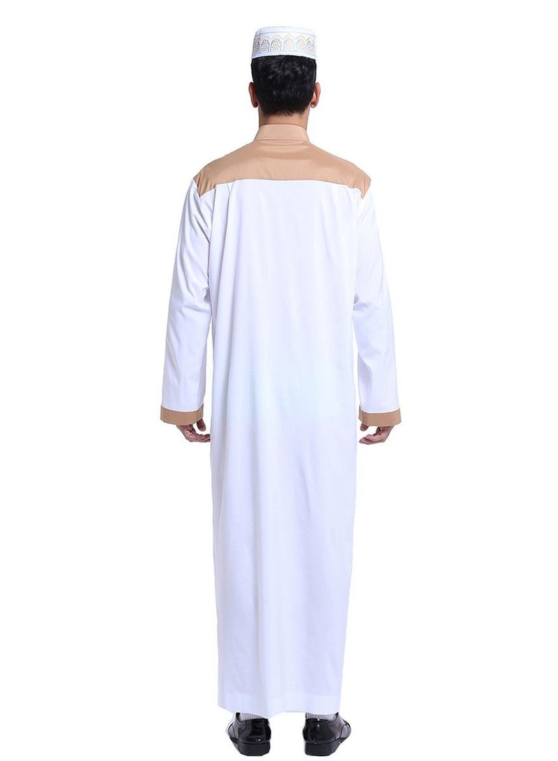 إسكدنيا Men's Stand Collar Long Sleeve Casual Kandora Islamic Arabic Kaftan Thobe White/Brown  - Image 2