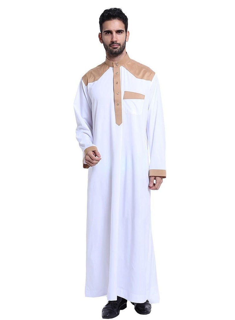 إسكدنيا Men's Stand Collar Long Sleeve Casual Kandora Islamic Arabic Kaftan Thobe White/Brown  - Image 1
