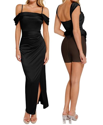 Popilush Womens Shapewear Maxi Dress Off The Shoulder Bodycon Long Cocktail Formal Wedding Guest Dresses Black - Image 1