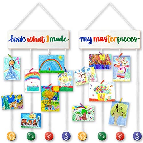 STOFINITY Kids Art Display for Wall - Children Artwork Display for Kids Art Hanger, Look What I Made Sign With Clips, Wood Hanging Child Picture, Artwork Storage Board for Bedroom Playroom Classroom - Image 1