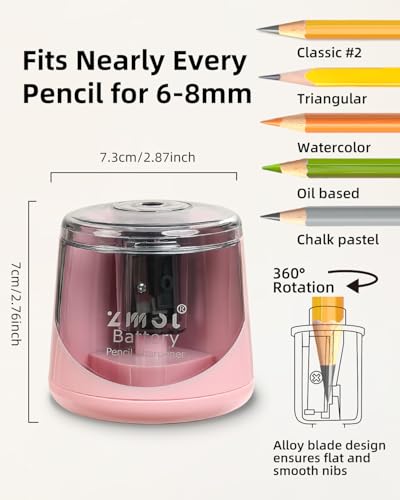 ZMOL Battery Powered Electric Pencil Sharpener,Small Battery Operated Pencil Sharpeners Portable,Fast Sharpen, Suitable for No.2/Colored Pencils(6-8mm), School/Classroom/Office/Home Pink - Image 2