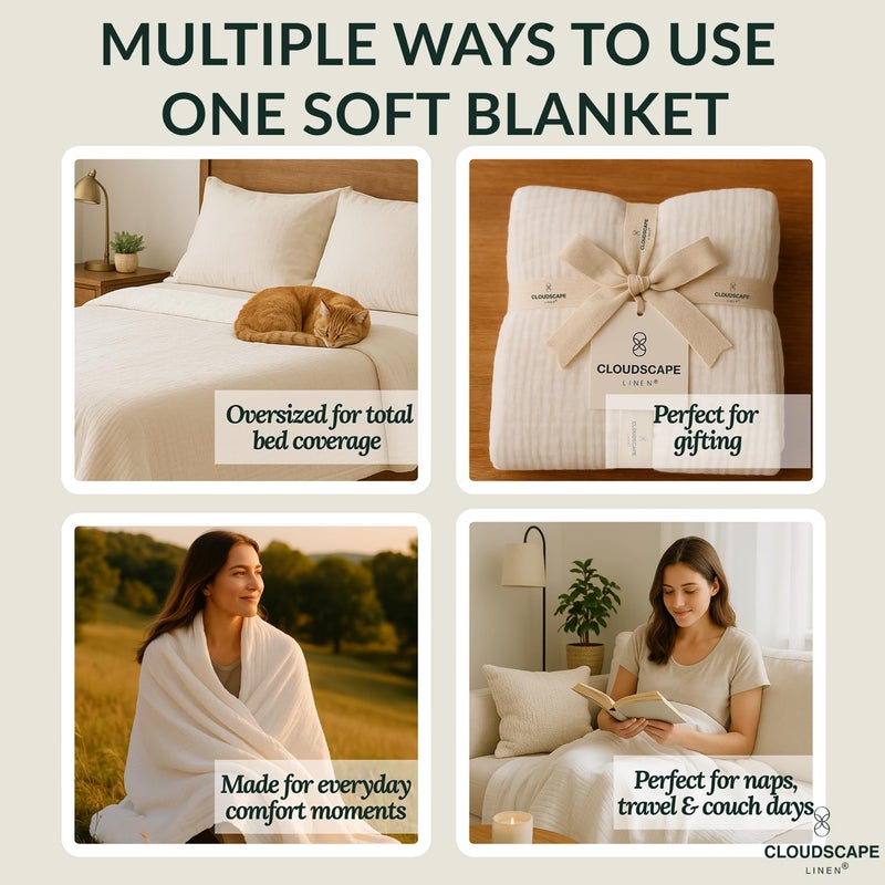 CloudScape Linen CLOUDSCAPE 100% Cotton Muslin Blanket King Size for Bed - Oversized 4 Layer 108x92 Fits Upto Calking Bed - Soft Breathable, Gauze, Lightweight, All Season, Summer Layering Blankets for Adults- White - Image 4