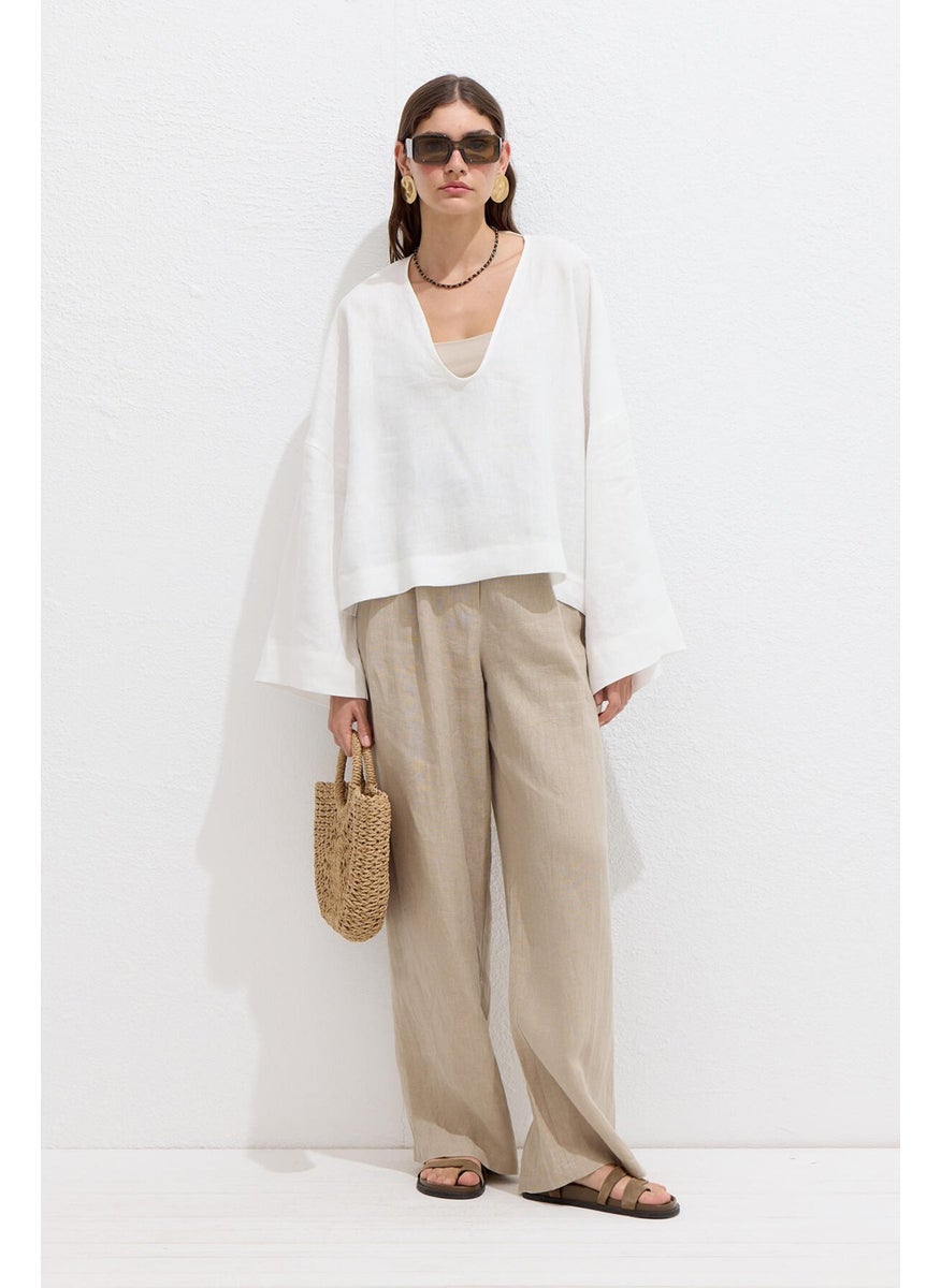 Manuka - Premium V Neck Linen Blouse Ecru - Image 1