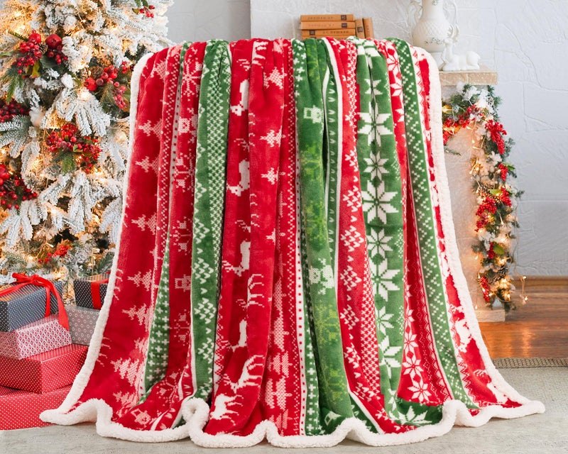 Touchat Red Sherpa Christmas Throw Blanket Fuzzy Fluffy Soft Cozy Blanket Fleece Flannel Plush Microfiber Blanket for Couch Bed Sofa 50 X 60 Red and Green Reindeer
