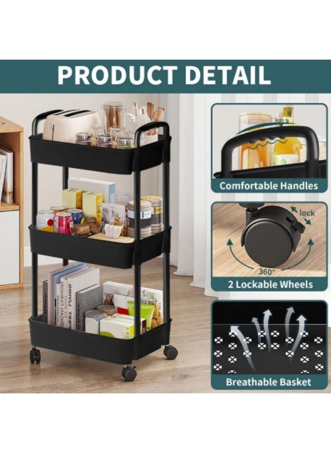 GGEROU - 3-Tier Rolling Utility Cart with Wheels, Detachable Utility Storage Cart with Handle and Lockable Casters, Multi-Functional Storage Trolley for Office, Kitchen,Bathroom, Black - Image 1