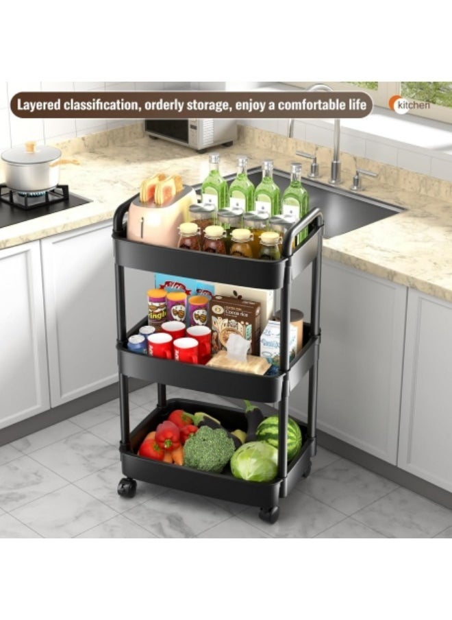 GGEROU - 3-Tier Rolling Utility Cart with Wheels, Detachable Utility Storage Cart with Handle and Lockable Casters, Multi-Functional Storage Trolley for Office, Kitchen,Bathroom, Black - Image 1