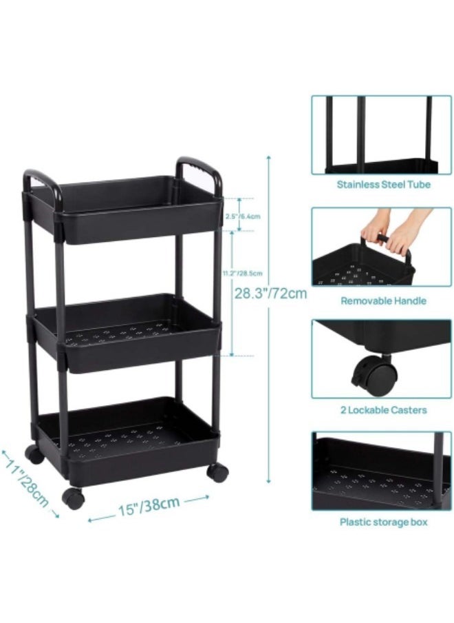 GGEROU - 3-Tier Rolling Utility Cart with Wheels, Detachable Utility Storage Cart with Handle and Lockable Casters, Multi-Functional Storage Trolley for Office, Kitchen,Bathroom, Black - Image 1
