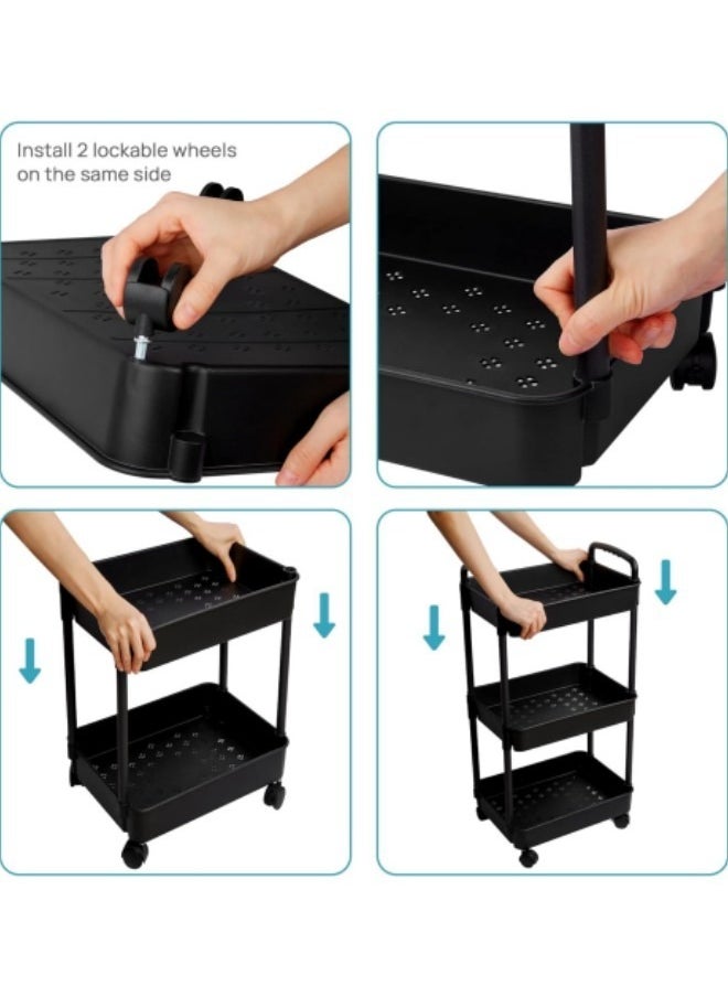 GGEROU - 3-Tier Rolling Utility Cart with Wheels, Detachable Utility Storage Cart with Handle and Lockable Casters, Multi-Functional Storage Trolley for Office, Kitchen,Bathroom, Black - Image 1